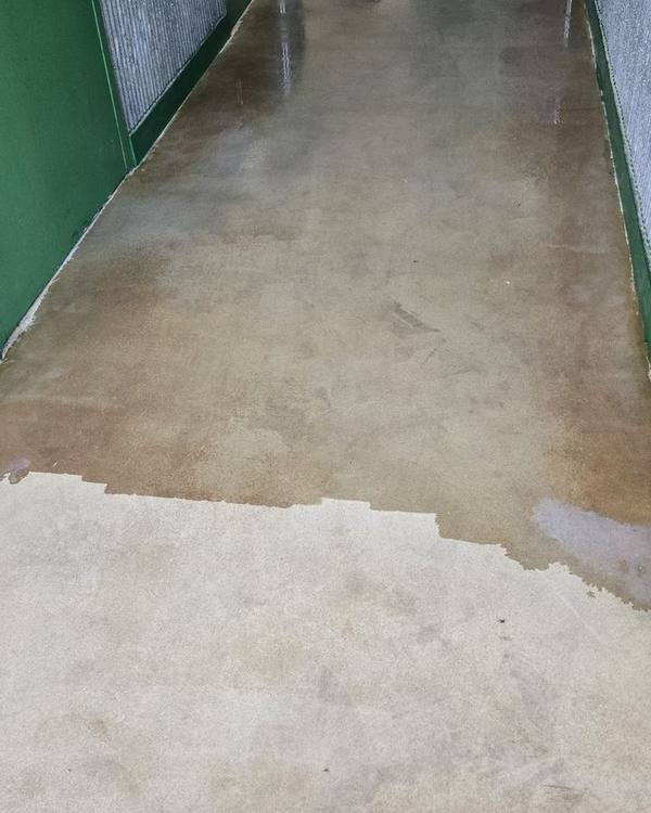 Concrete floor being restored, showing the clean line