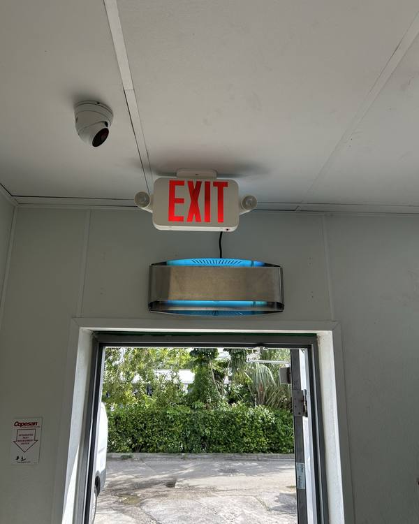 Insect light trap installed above an exit door