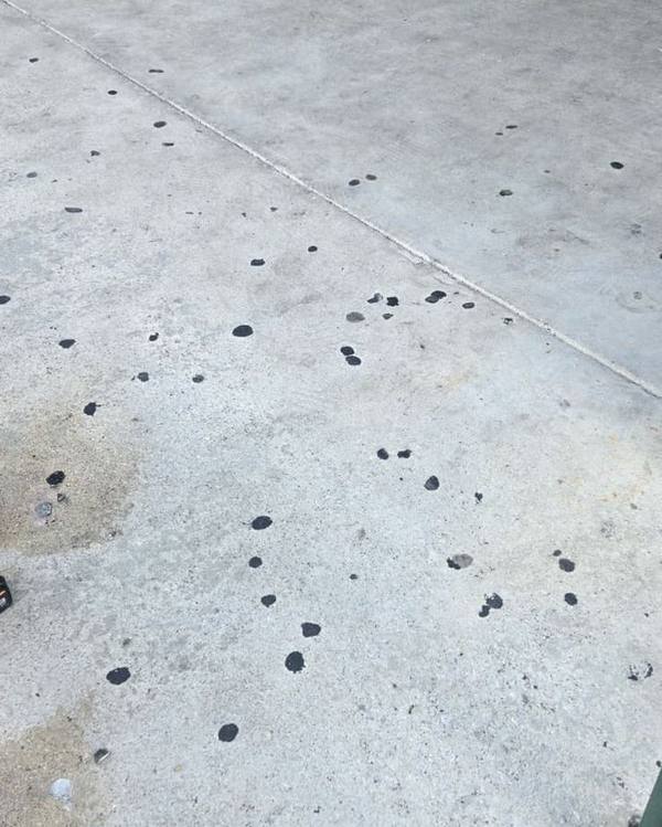 Storefront sidewalk with gum spots and stains
